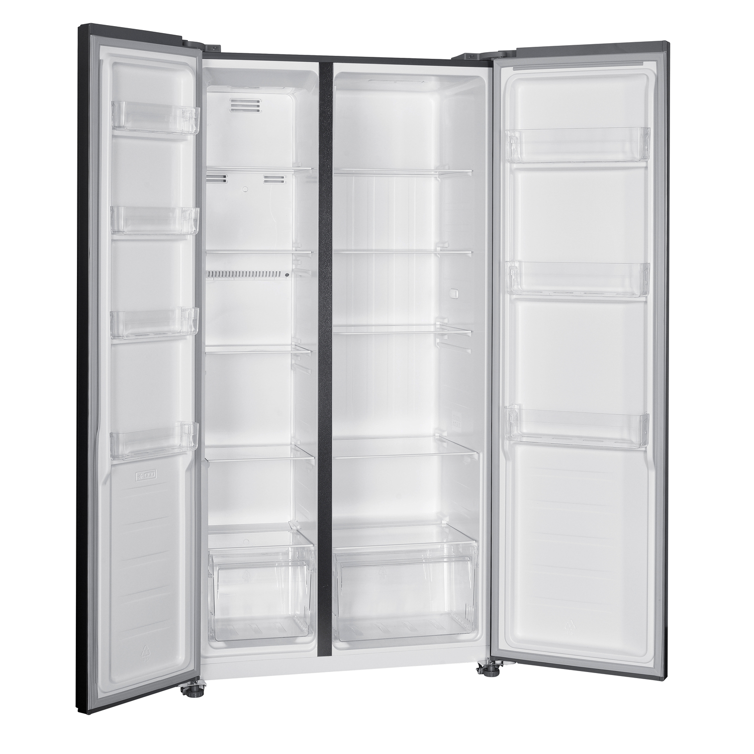 A large, open, double-door refrigerator. The interior is white with clear shelves and drawers. The exterior is dark grey.