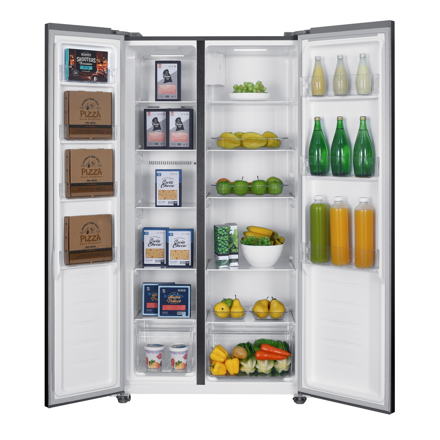 A refrigerator with opened doors, filled with various food items like pizza boxes, fruits, drinks, and packaged goods.