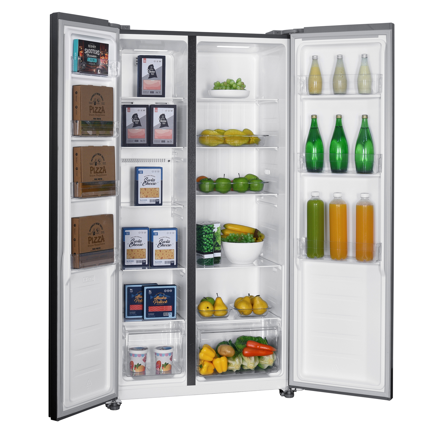 A refrigerator with open doors. Inside are shelves filled with various foods and drinks, including pizza, fruits, vegetables, and bottled beverages.