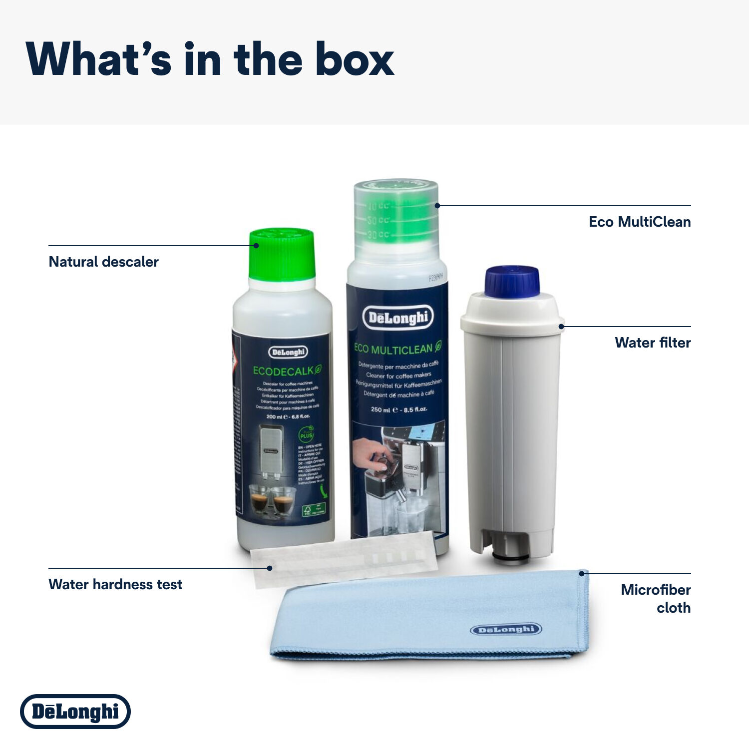 Afbeelding toont een natuurlijke ontkalker, Eco MultiClean, waterfilter, waterhardheidsteststrips en een microvezeldoek.