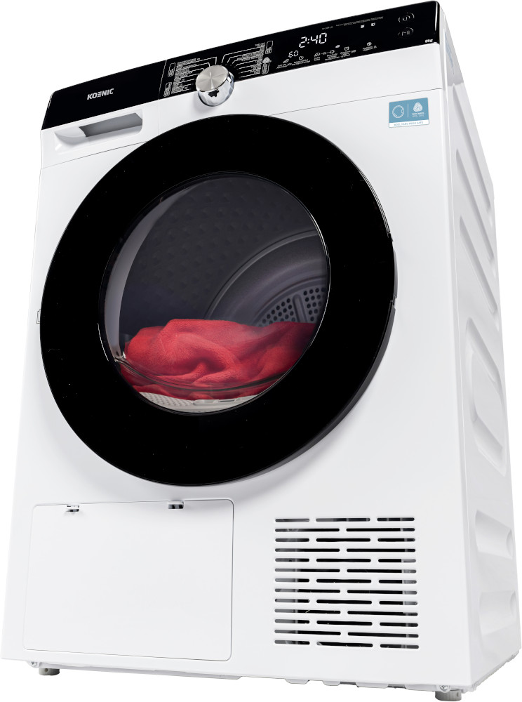 A white Koenic dryer with a black door. Inside, a red garment is visible. The display shows 2:40. 