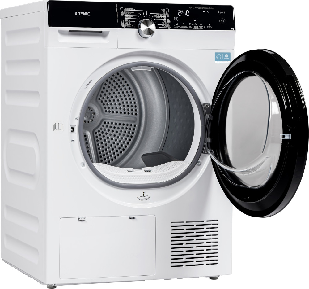 A white Koenic dryer with an open black-rimmed door. The interior is visible with a filter and control panel at the top.