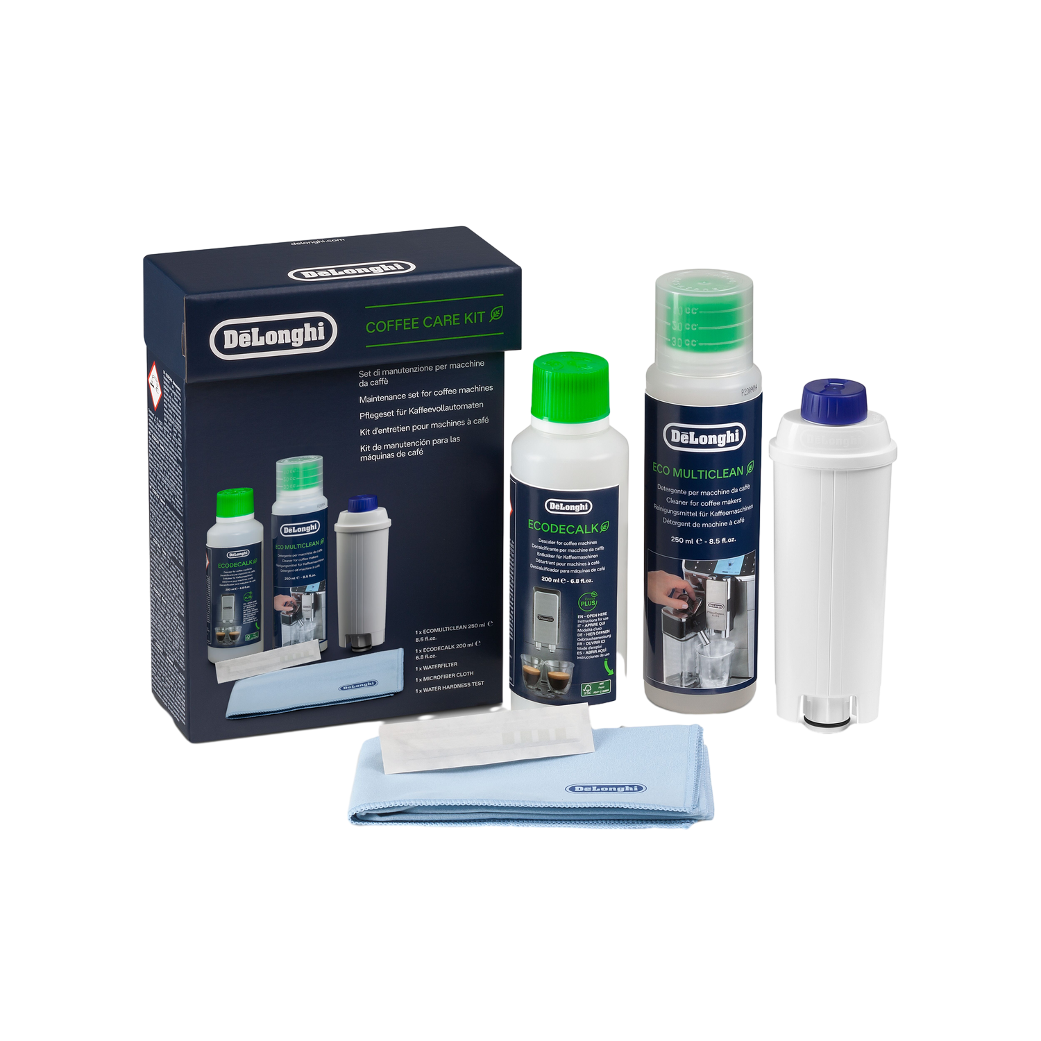 DeLonghi koffieverzorgingskit met flessen, filter en doek op zwarte achtergrond. Producten bevatten ontkalker en reiniger.
