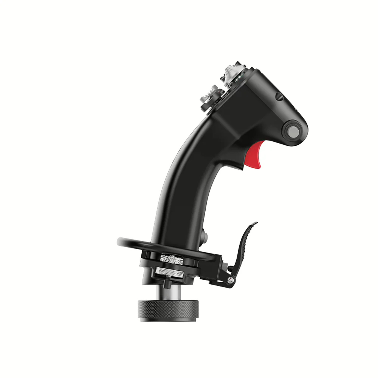 Un joystick noir avec un bouton rouge et des détails argentés, sur fond blanc. Le joystick a une poignée incurvée.