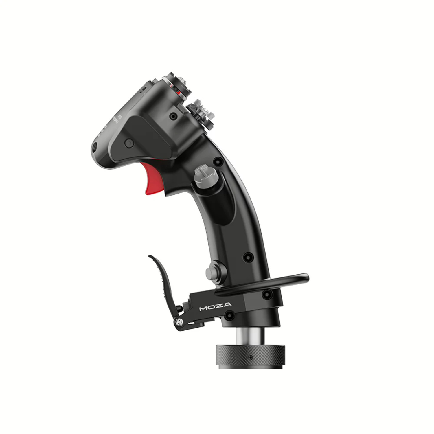 Un joystick noir et rouge sur fond blanc. Il a des boutons, une gâchette et la marque MOZA. Base et détails métalliques.