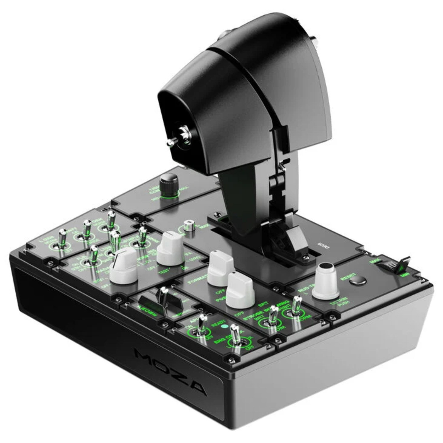 A black and gray flight simulator control panel with various switches, knobs, and a throttle lever. The brand name MOZA is visible.
