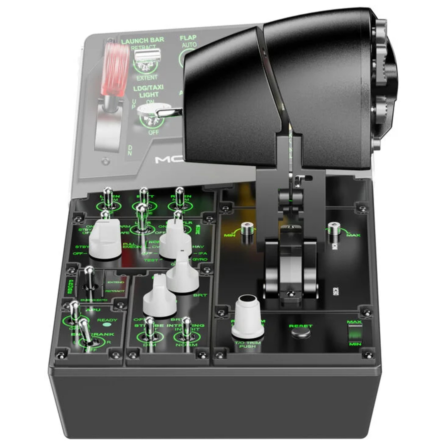 Aircraft control panel with switches and levers. Includes launch bar, lights, and various control indicators. Black and green color scheme.