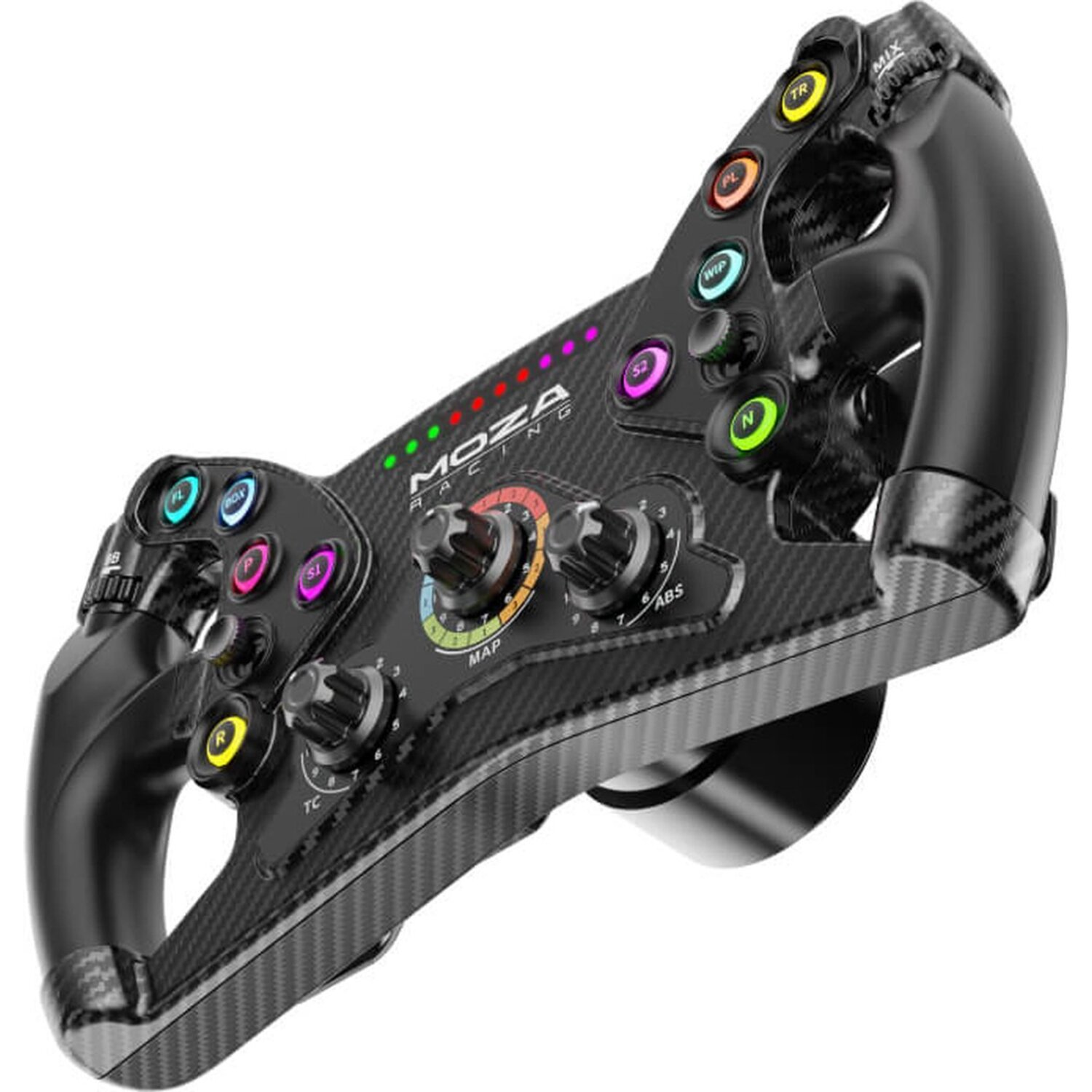 Un volant de course noir avec plusieurs boutons, cadrans et une finition en fibre de carbone. Il affiche le logo MOZA Racing.