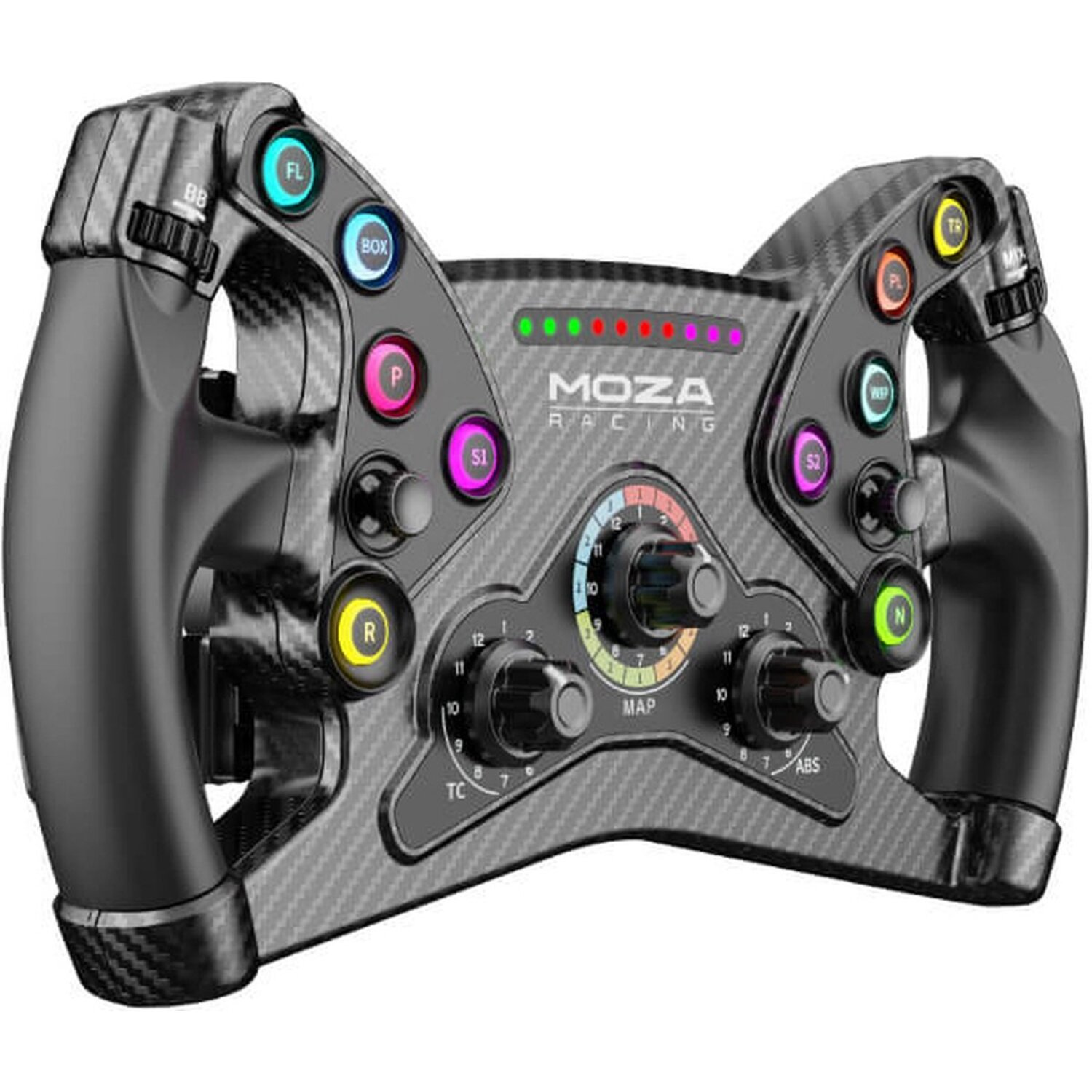 Un volant de course noir et gris avec des boutons, des molettes et un affichage central, avec la marque "MOZA RACING".