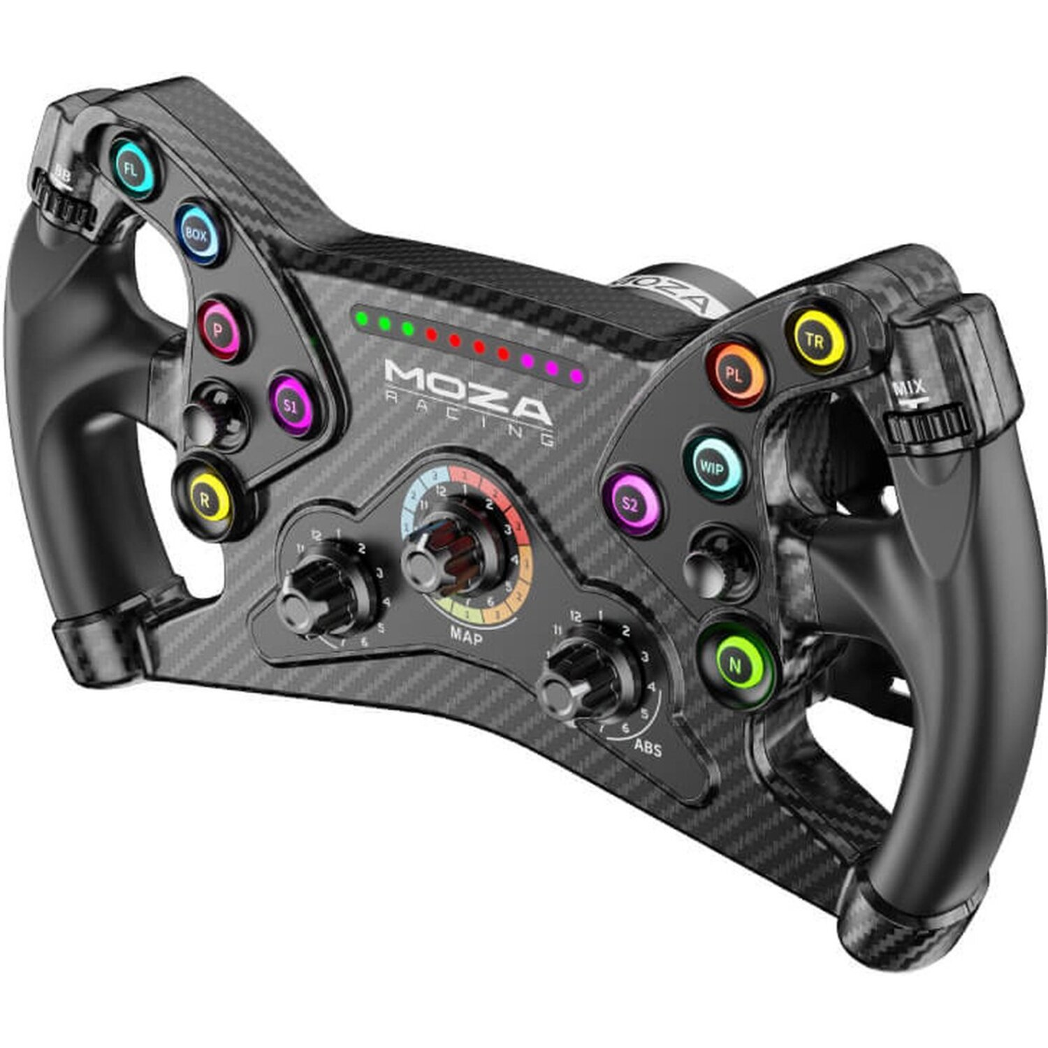 Un volant de course avec plusieurs boutons, cadrans et un motif en fibre de carbone. La marque MOZA est visible.