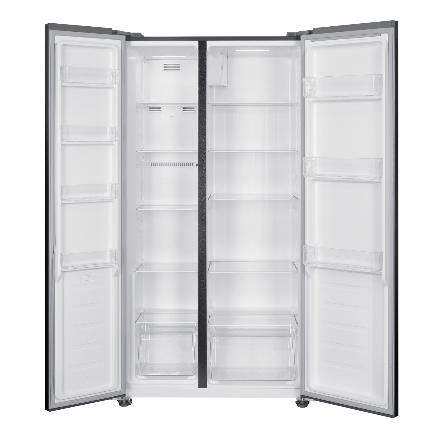 A double-door refrigerator with open doors, revealing shelves and storage compartments. It is empty and clean, ready for use.