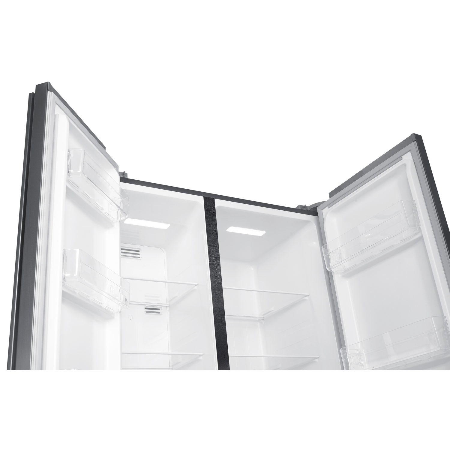 An open refrigerator with two doors. Inside are shelves and clear plastic compartments. The doors are dark gray.