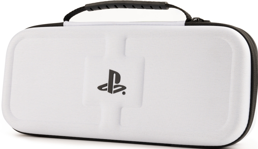 Étui blanc avec bordure et poignée noires. Comporte le logo PlayStation. L'étui est fermé et possède une fermeture éclair.