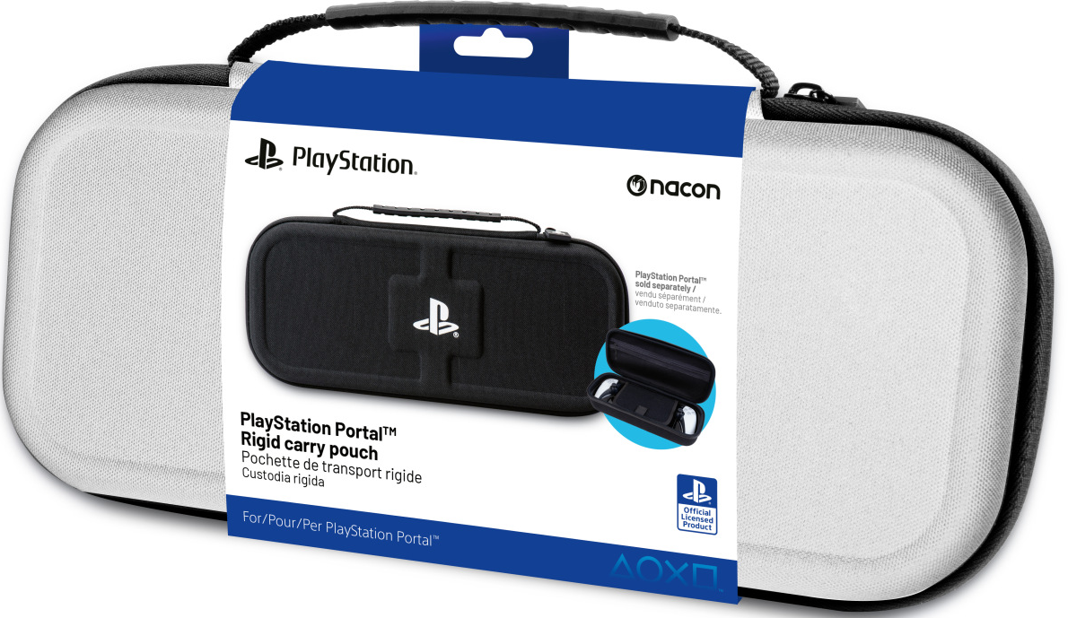 Une pochette de transport noire PlayStation Portal. La pochette est dans un emballage noir et blanc avec le logo PlayStation.