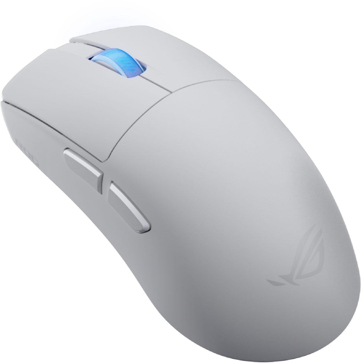 Une souris d'ordinateur sans fil blanche avec une molette de défilement éclairée en bleu et une lumière bleue en haut, sur fond noir.