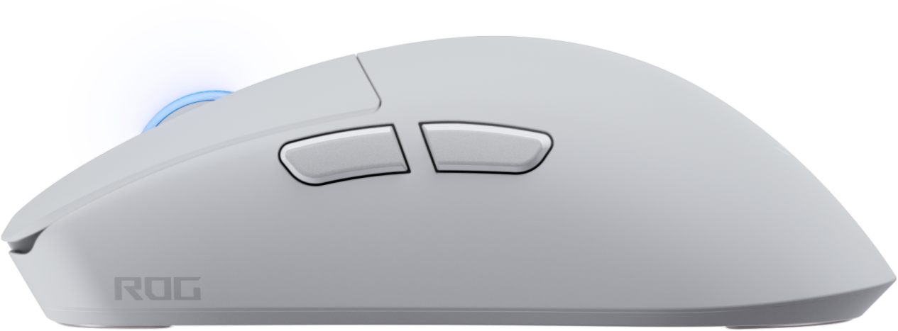 Une souris de jeu blanche avec deux boutons, une lumière bleue et le logo ROG.