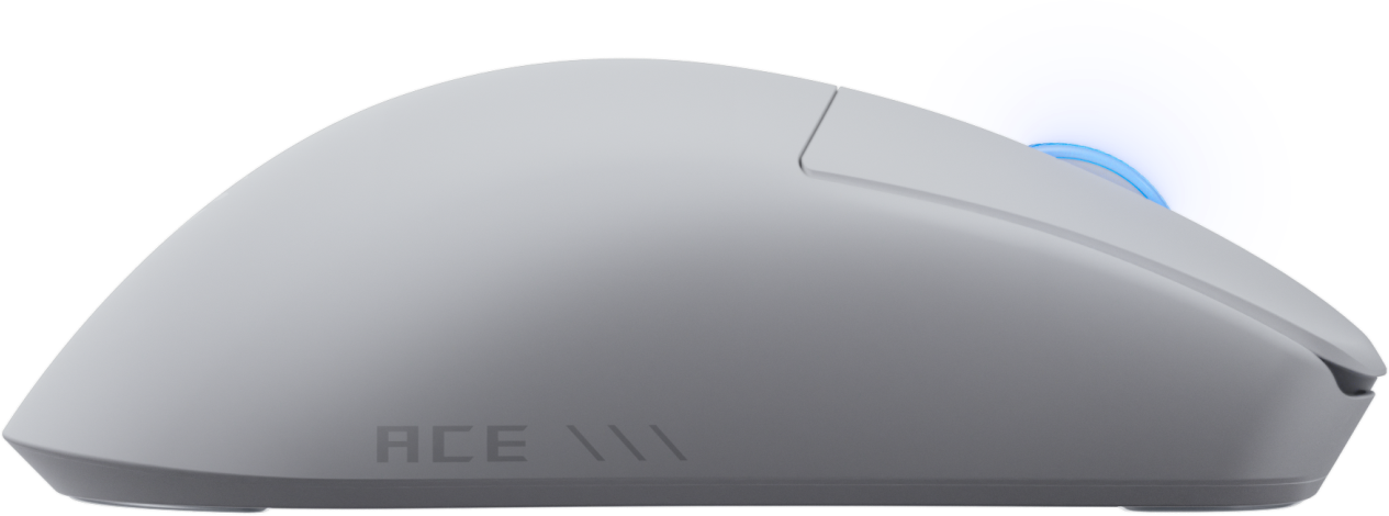 Une souris d'ordinateur grise avec le mot "ACE" sur le côté et une lumière bleue émanant de l'arrière.