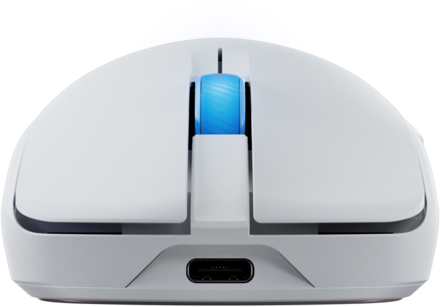 Une souris d'ordinateur blanche, avec une molette bleue et un port USB-C. Une lumière bleue émane d'en haut.