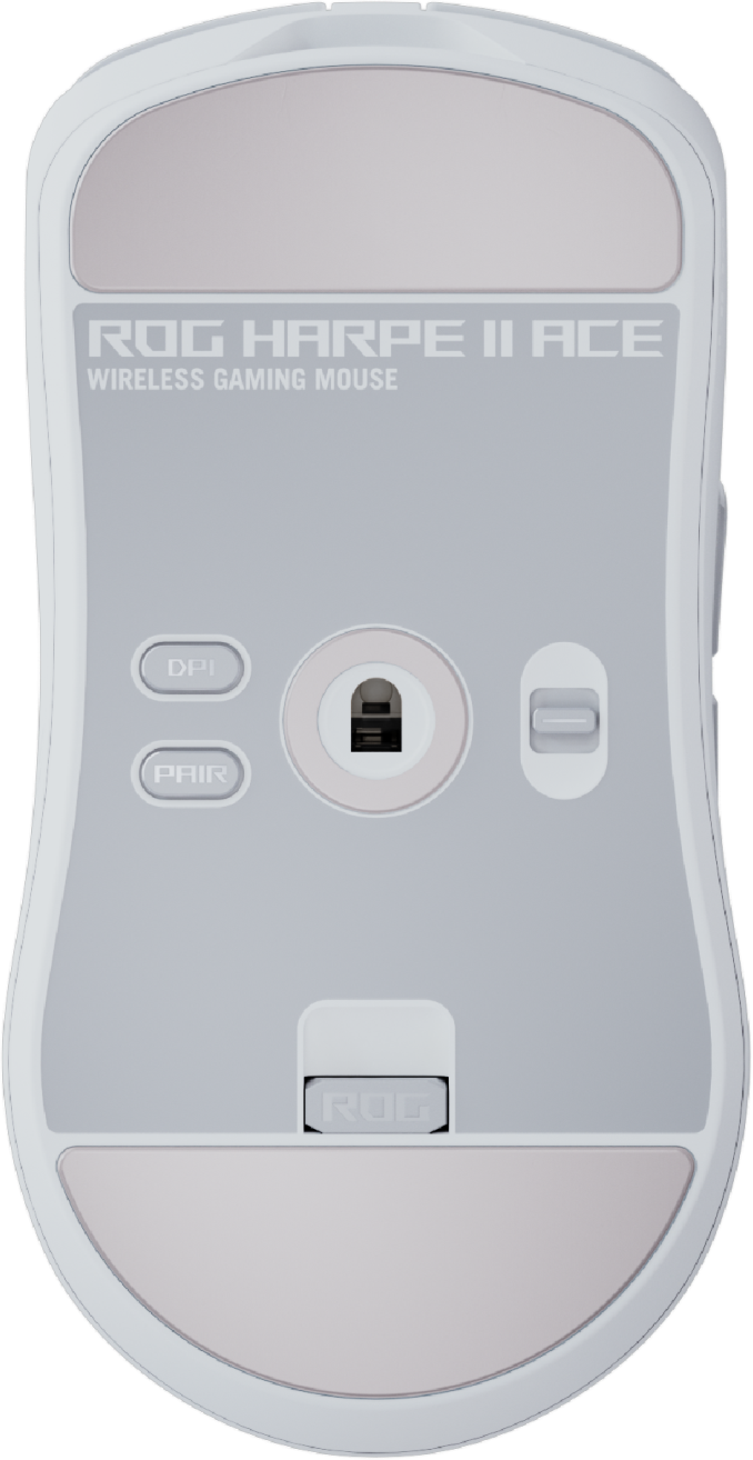 Une souris gaming blanche, ROG Harpe II Ace, vue d'en bas. Comprend des boutons pour DPI et jumelage, ainsi qu'un capteur et un interrupteur.