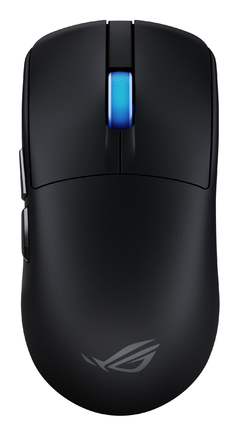 Une souris d'ordinateur noire avec une lumière bleue sur la molette et deux boutons latéraux. Le logo ROG est visible.
