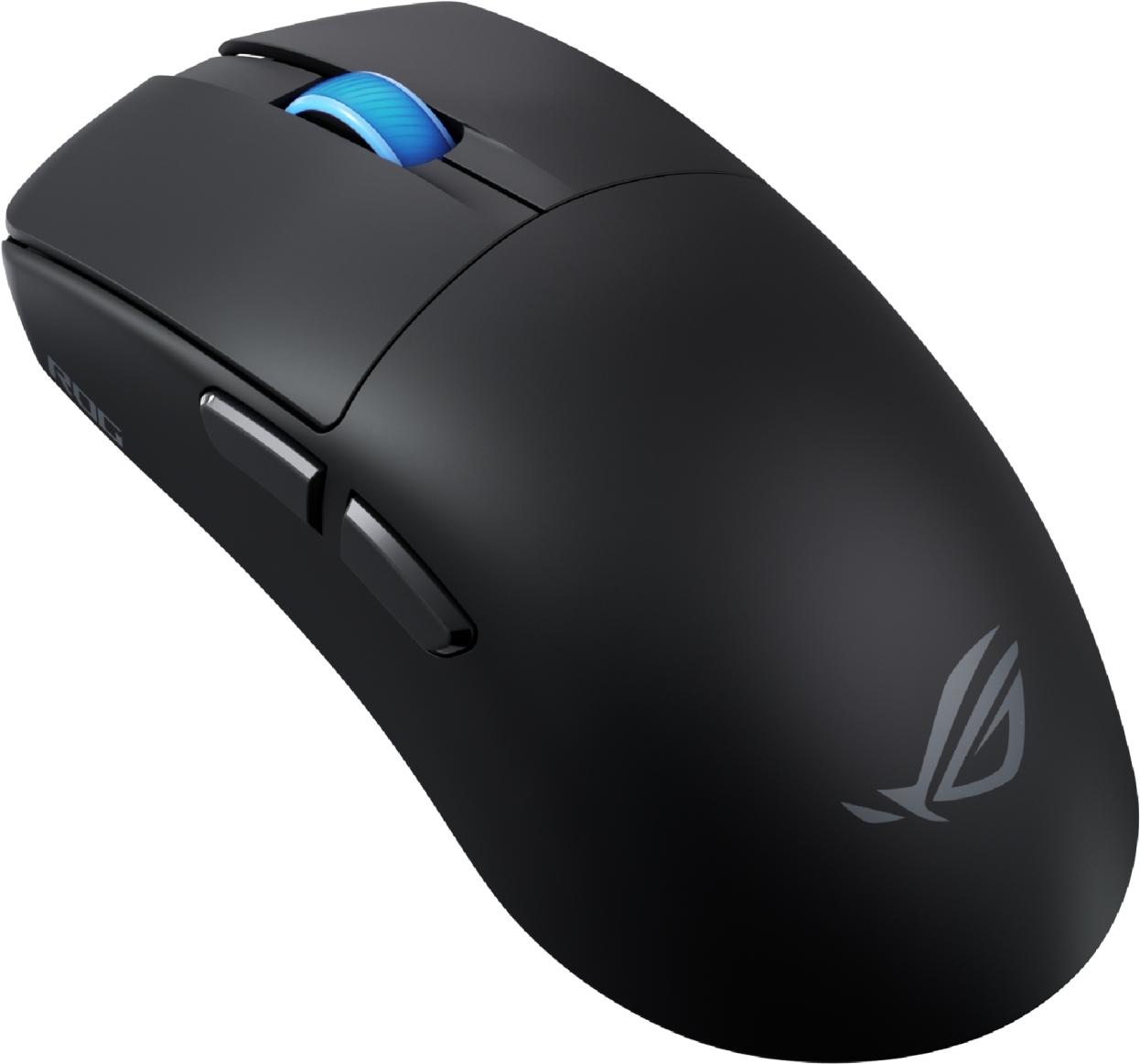 Une souris d'ordinateur sans fil noire avec une molette de défilement bleue et des boutons latéraux. Le logo ROG est visible.