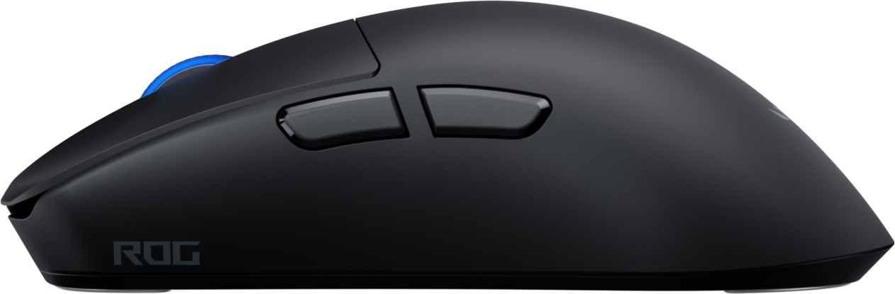 Une souris gaming noire avec deux boutons latéraux et une molette bleue. Le logo ROG est visible.
