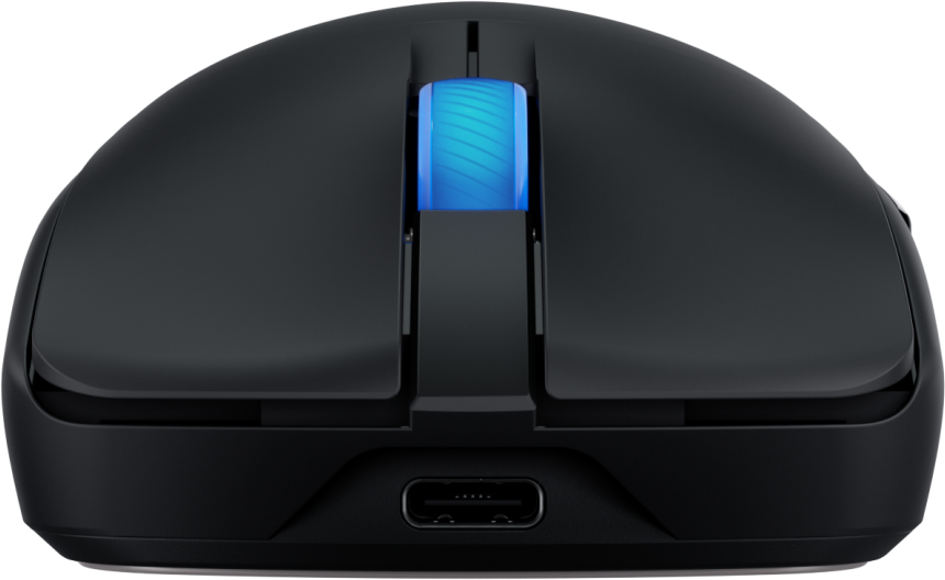 Une souris d'ordinateur noire avec une molette de défilement bleue éclairée. Un port USB-C est visible en bas.