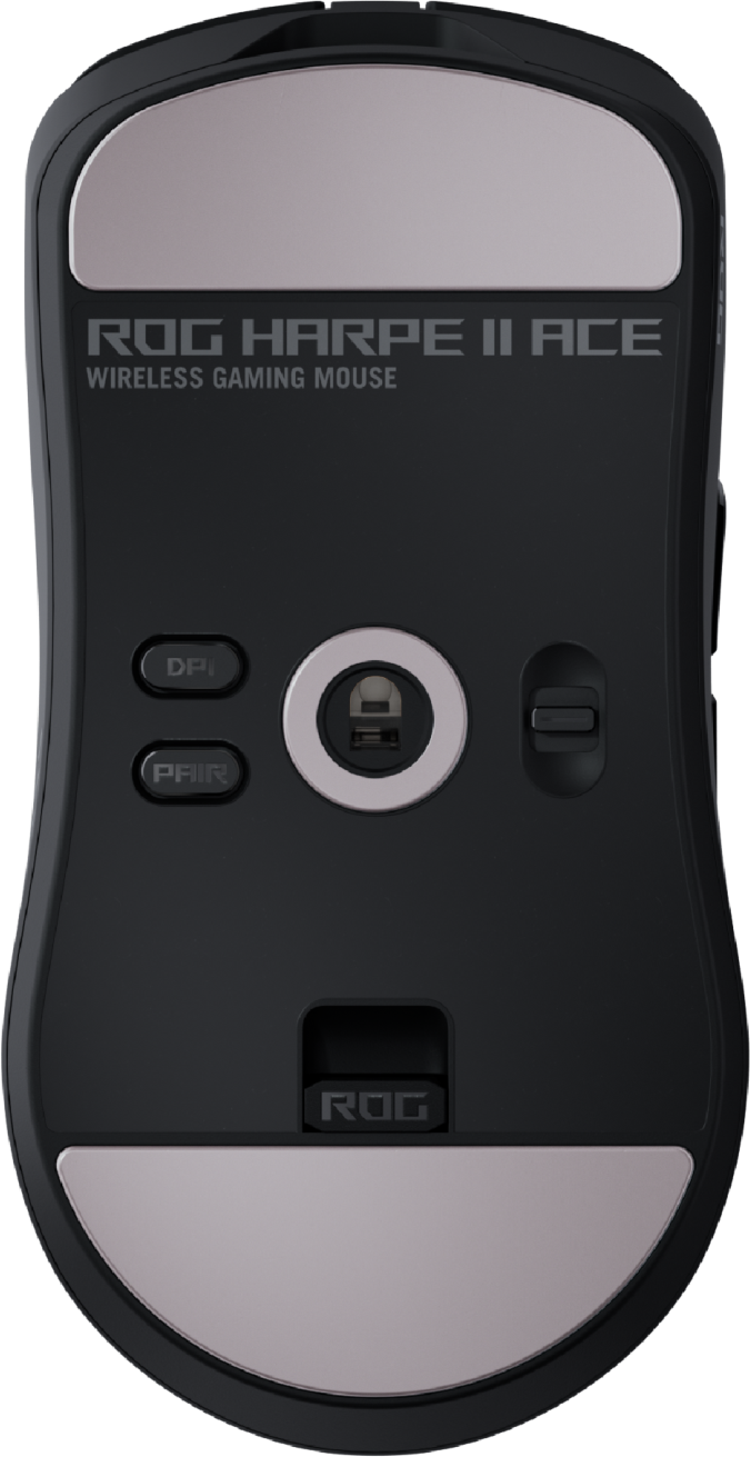 Vue de dessous d'une souris de jeu sans fil ROG Harpe II Ace noire. Comprend les boutons DPI et Associer, et le logo ROG.
