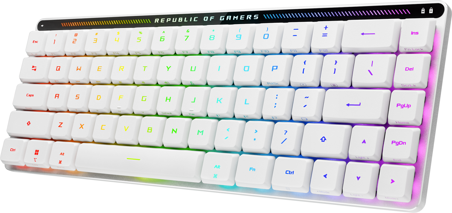 Eine weiße Tastatur mit regenbogenfarbenen Tasten. Oben steht "REPUBLIC OF GAMERS".