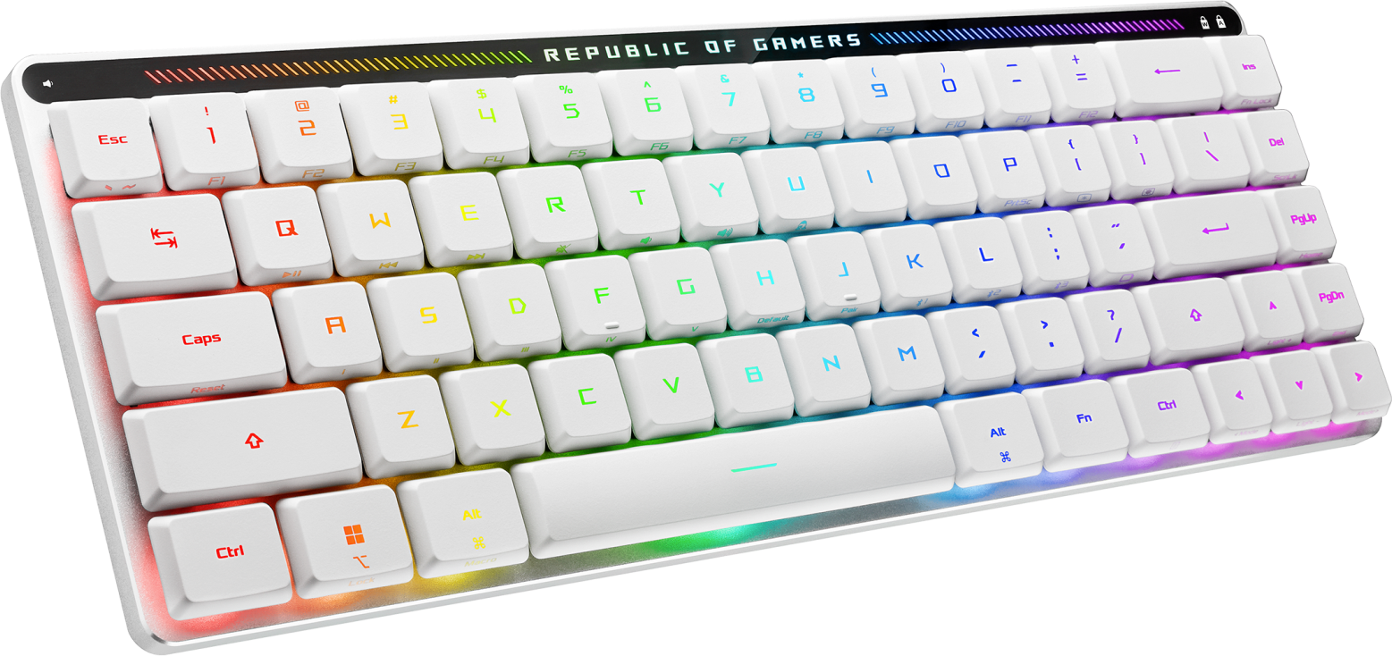 Weiße Tastatur mit farbigen Tasten. Buchstaben und Zahlen sind sichtbar. Der Markenname "Republic of Gamers" steht oben.