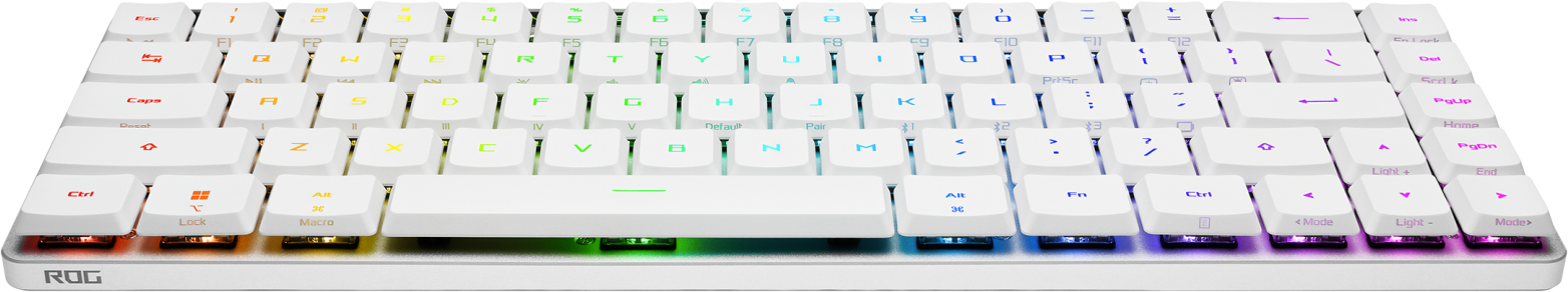 Weiße Tastatur mit Hintergrundbeleuchtung. Buchstaben und Symbole sind sichtbar. ROG-Logo unten.