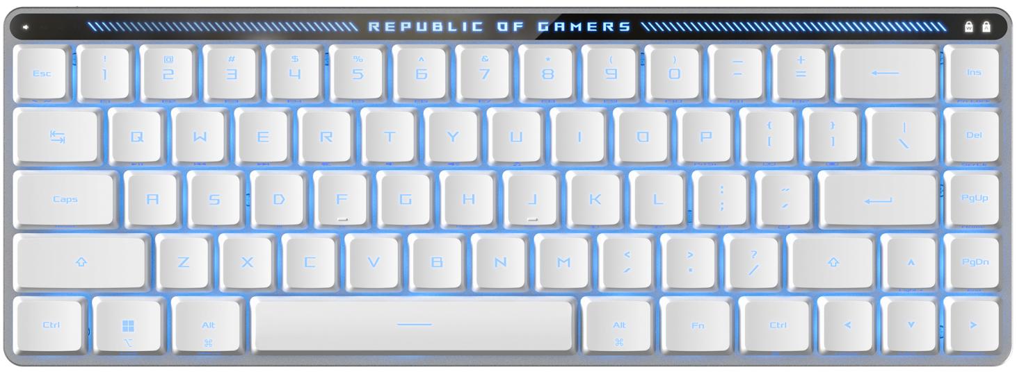 Weiße Tastatur mit blauen Lichtern. Sie hat weiße Tasten mit blauen Zeichen. Oben steht REPUBLIC OF GAMERS.