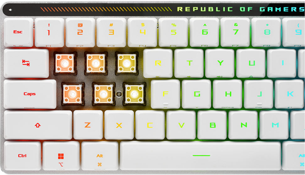 Weiße Gaming-Tastatur mit RGB-Beleuchtung. Die Tastenkappen sind weiß, die Tasten leuchten in verschiedenen Farben.