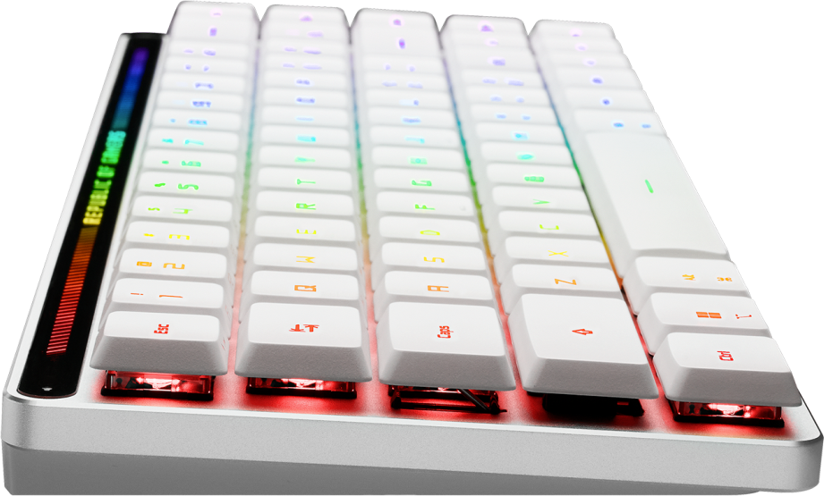 Weiße Gaming-Tastatur mit RGB-Beleuchtung. Die Tasten sind weiß mit farbiger Beschriftung. Hat einen schwarzen und roten Republic of Gamers-Streifen.