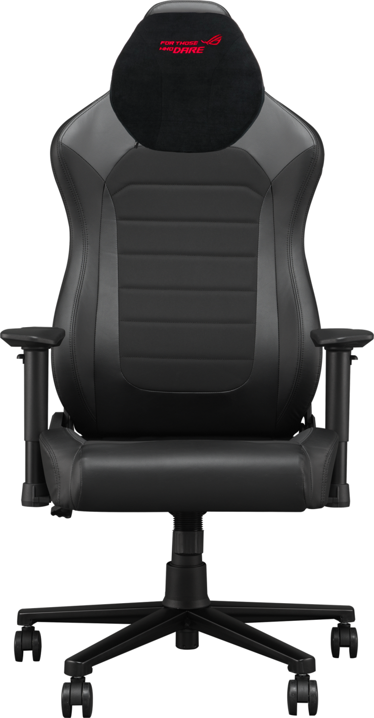 Una sedia da gaming nera con poggiatesta con la scritta "FOR THOSE WHO DARE". Ha braccioli e una base a cinque stelle con ruote.