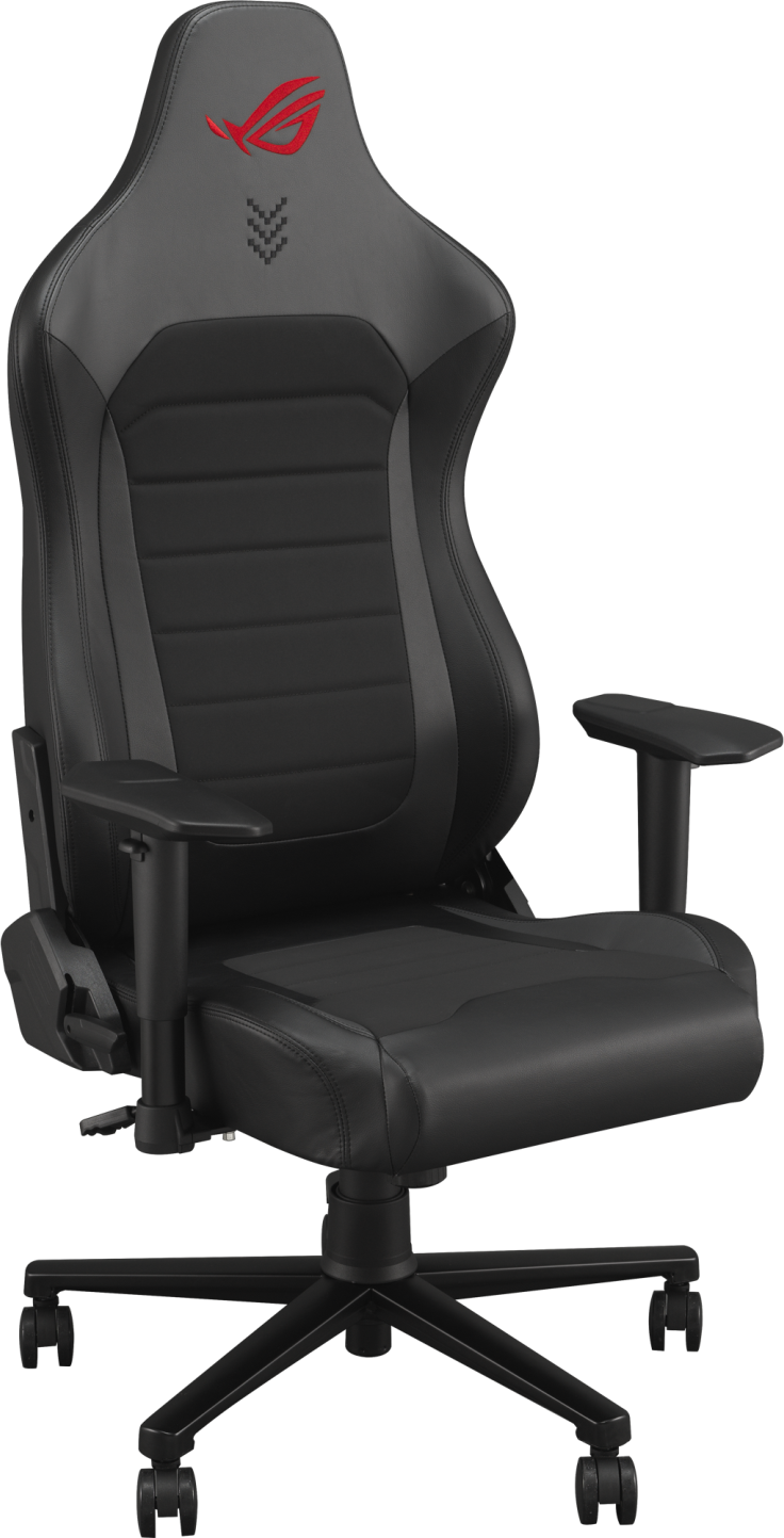 Sedia da gaming nera con logo rosso sul poggiatesta. Dispone di braccioli, base a cinque ruote e schienale a coste.