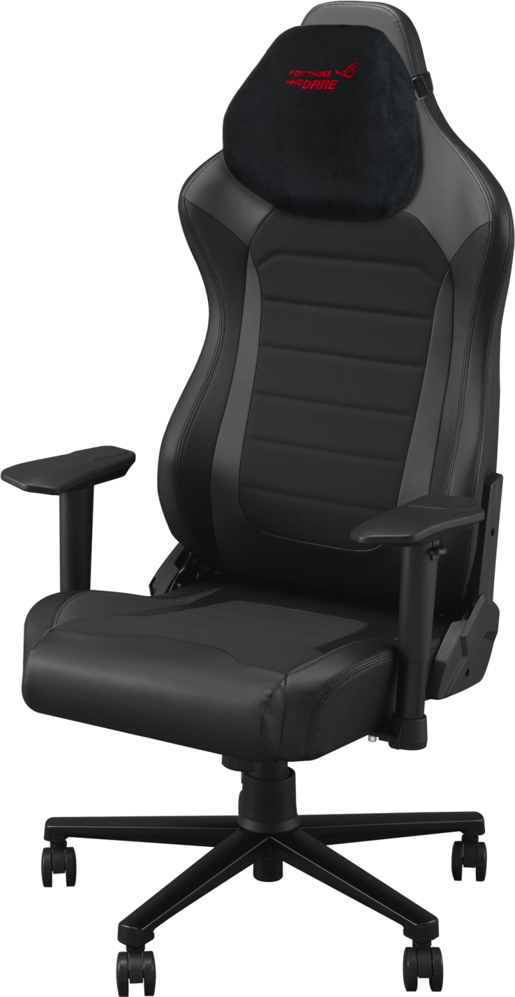 Sedia gaming nera. Ha poggiatesta con logo rosso, braccioli e base a cinque ruote. Sfondo nero.