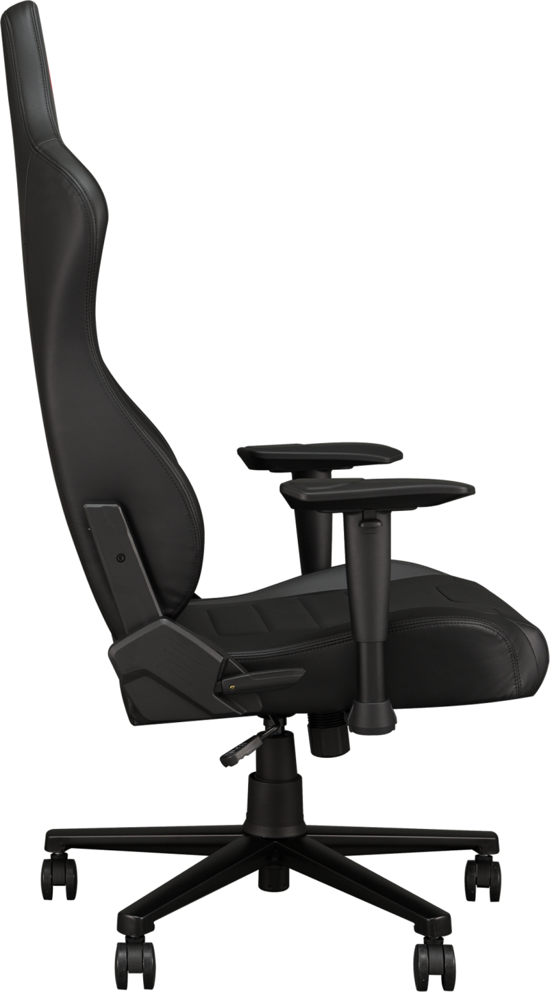 Sedia da gaming nera con schienale alto, braccioli e ruote, vista di profilo. Accento rosso sul poggiatesta.