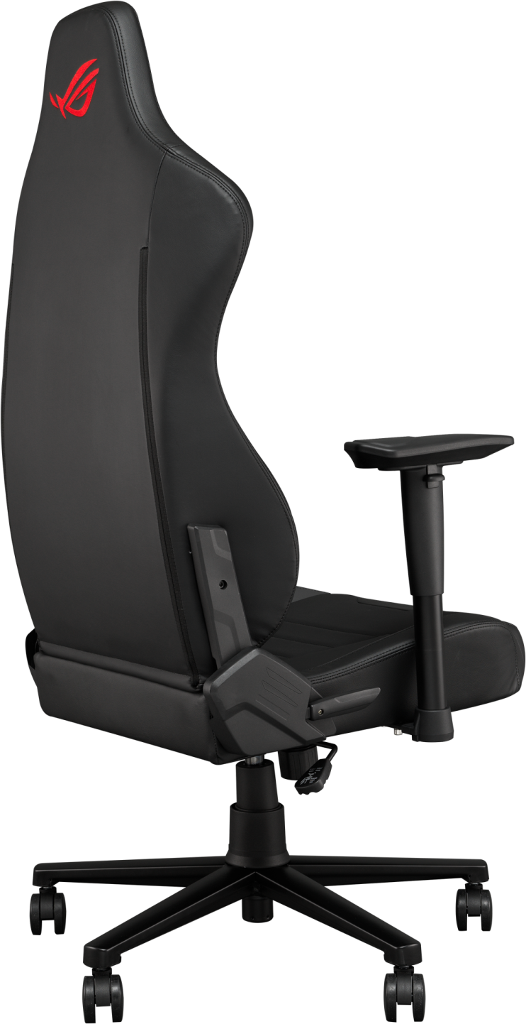 Sedia da gaming nera con logo rosso. Presenta schienale alto, braccioli e base a cinque stelle con ruote.