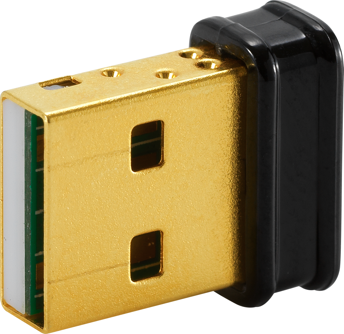 Nahaufnahme eines USB-Anschlusses. Er hat einen goldenen Körper mit zwei rechteckigen Löchern und ein schwarzes Kunststoffende.