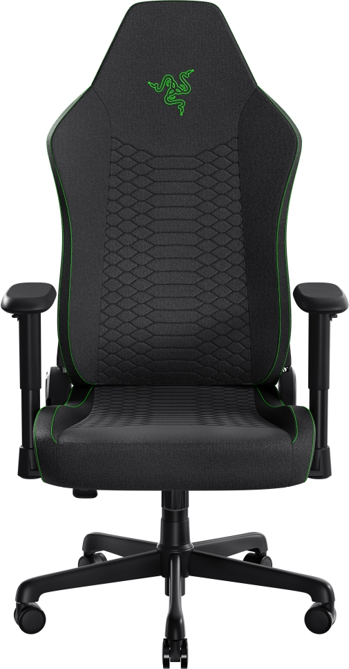 Sedia da gaming nera con dettagli verdi. Logo Razer verde, braccioli neri e base a cinque stelle con ruote.