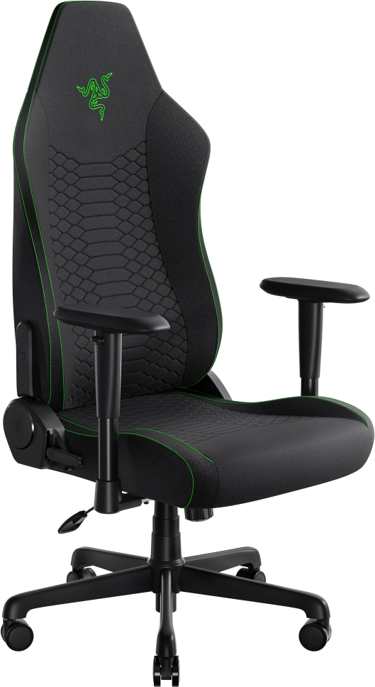 Sedia da gaming nera con cuciture verdi. Logo verde e schienale testurizzato. Braccioli e base con ruote visibili.