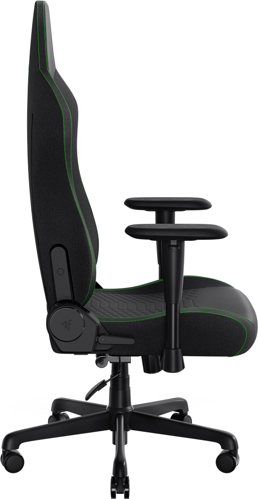 Una sedia da gaming nera con cuciture verdi. Ha braccioli, schienale alto e base a cinque ruote. Il logo Razer è visibile.