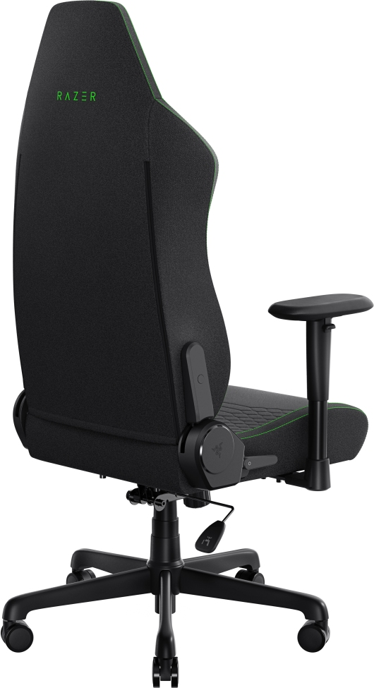 Sedia da gaming Razer nera con dettagli verdi. Include braccioli, schienale alto e base a cinque ruote. Logo Razer visibile.