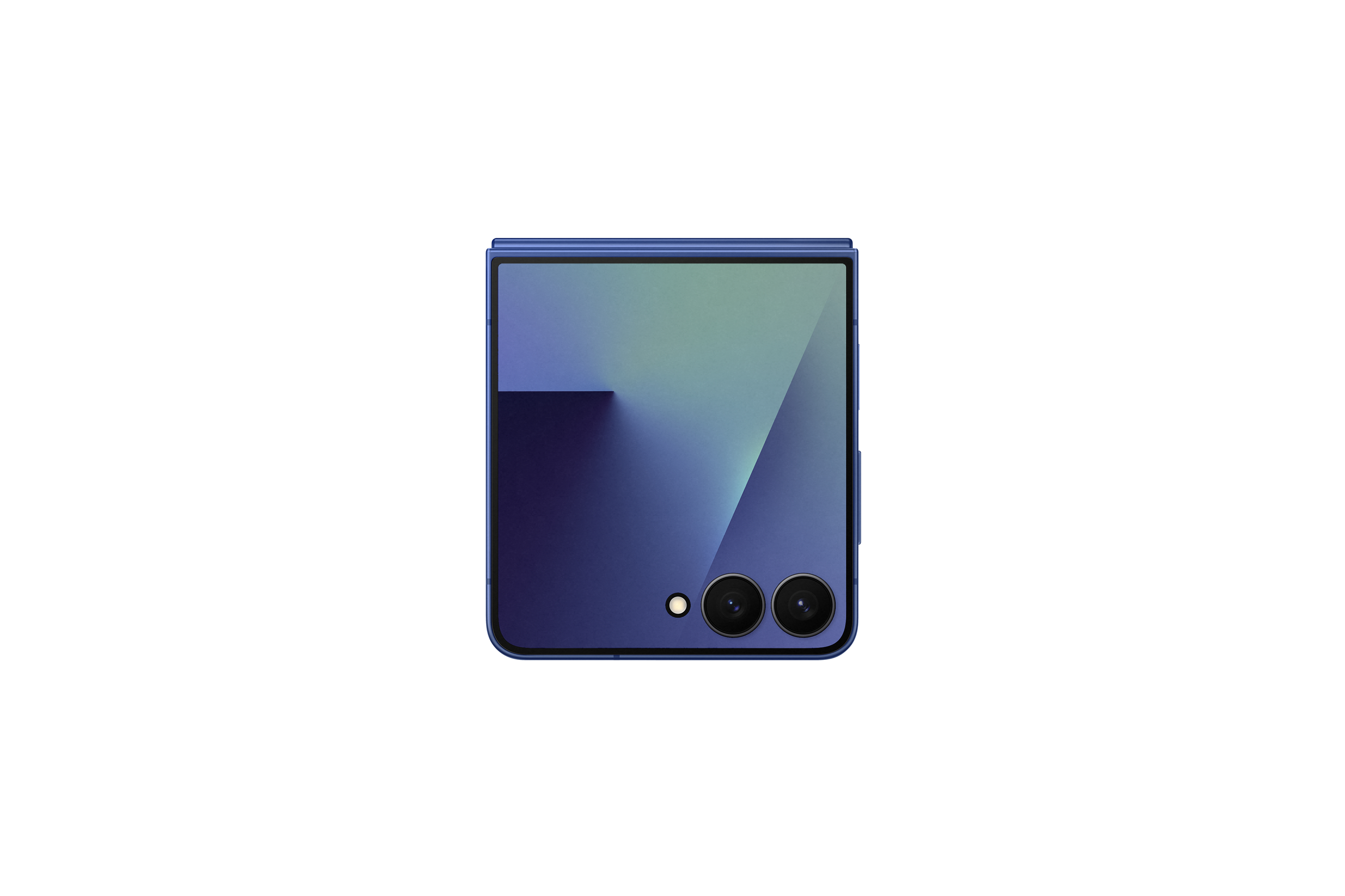 Ein blaues, faltbares Telefon. Der Bildschirm zeigt einen Farbverlauf, und es hat zwei Kameralinsen.