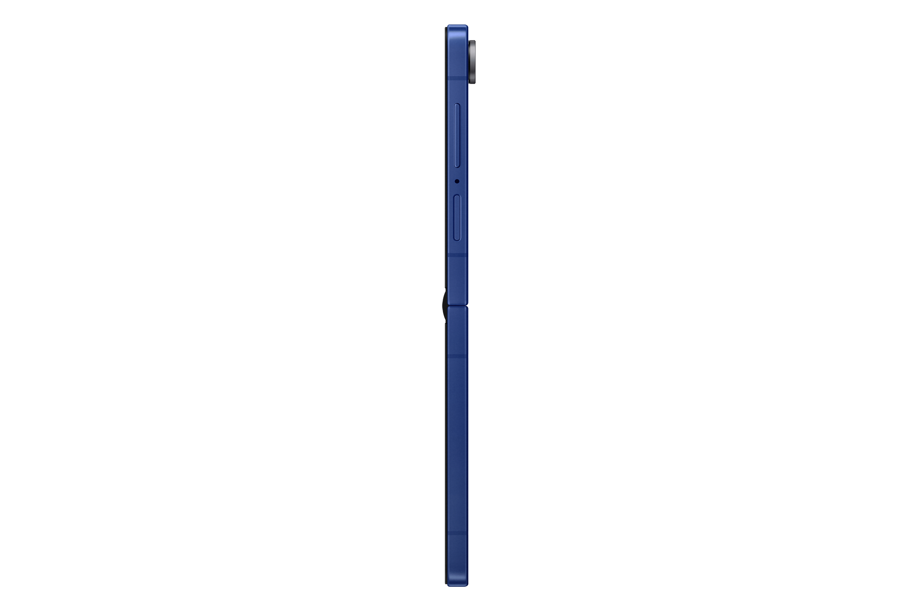 Seitenansicht eines blauen, faltbaren Smartphones vor weißem Hintergrund. Knöpfe, Kamera und Scharnier sind sichtbar.