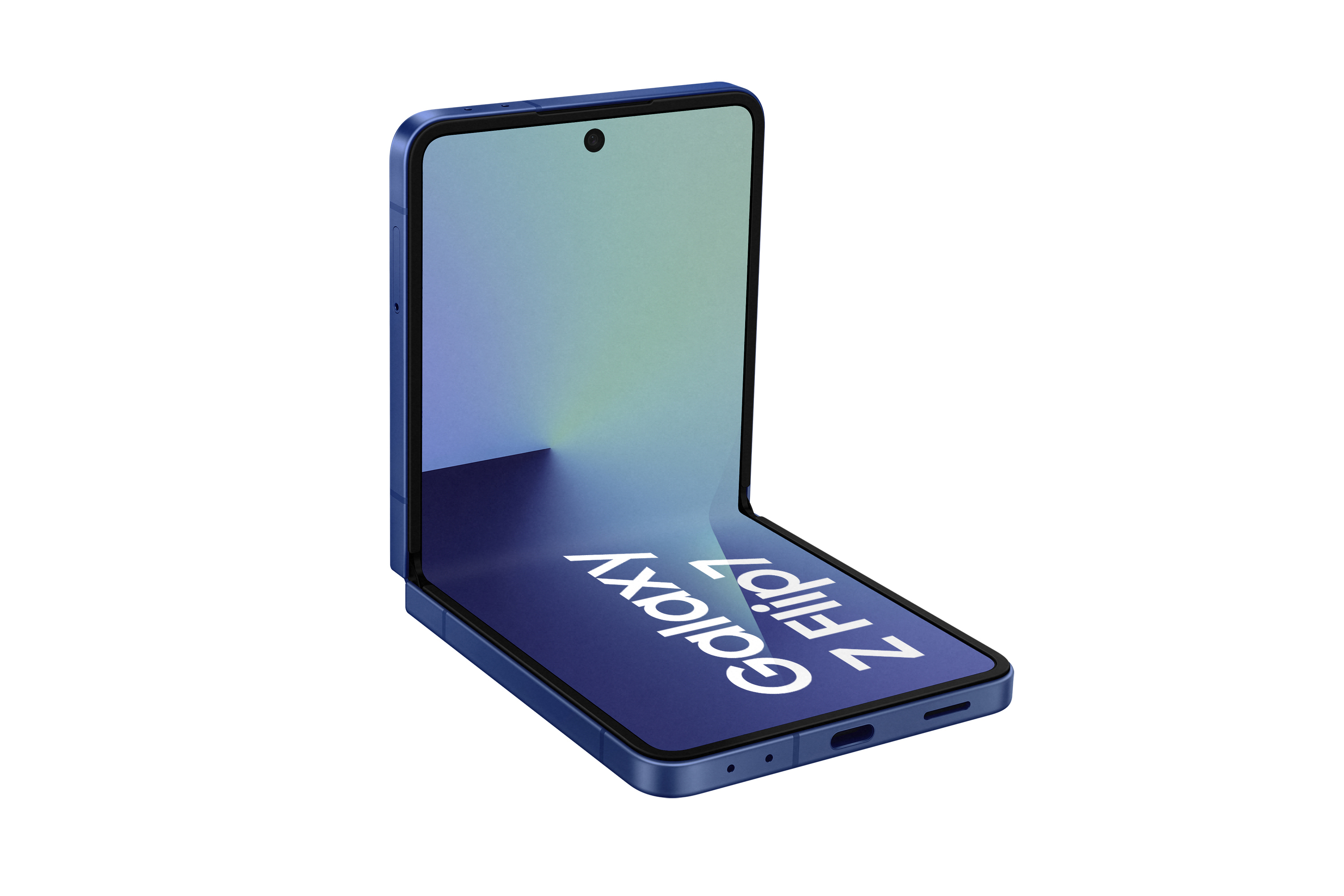 Blaues Galaxy Z Flip7-Handy, teilweise geöffnet, vor weißem Hintergrund. Der Bildschirm zeigt einen Farbverlauf.