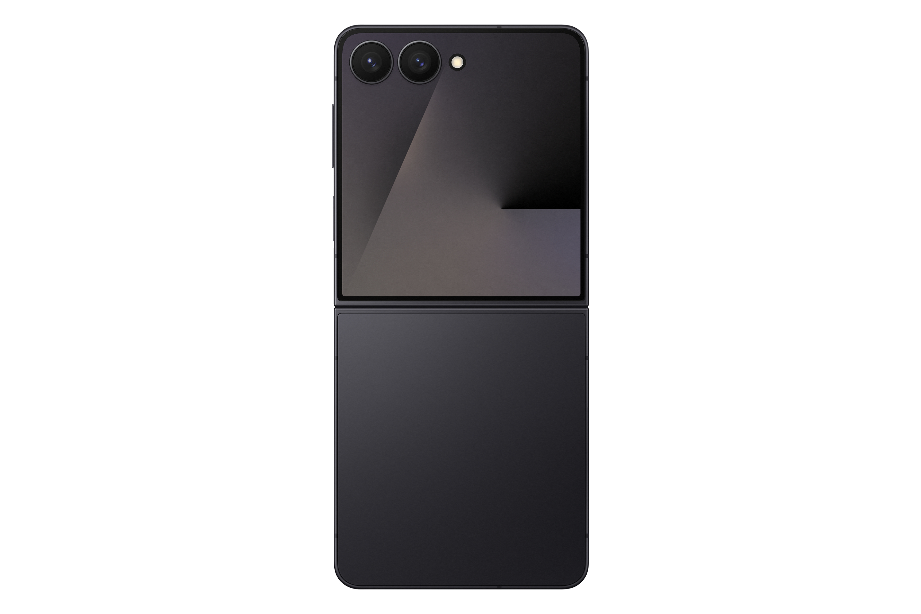 Ein schwarzes, faltbares Smartphone ist offen abgebildet. Oben befinden sich zwei Kameralinsen und ein Blitz.