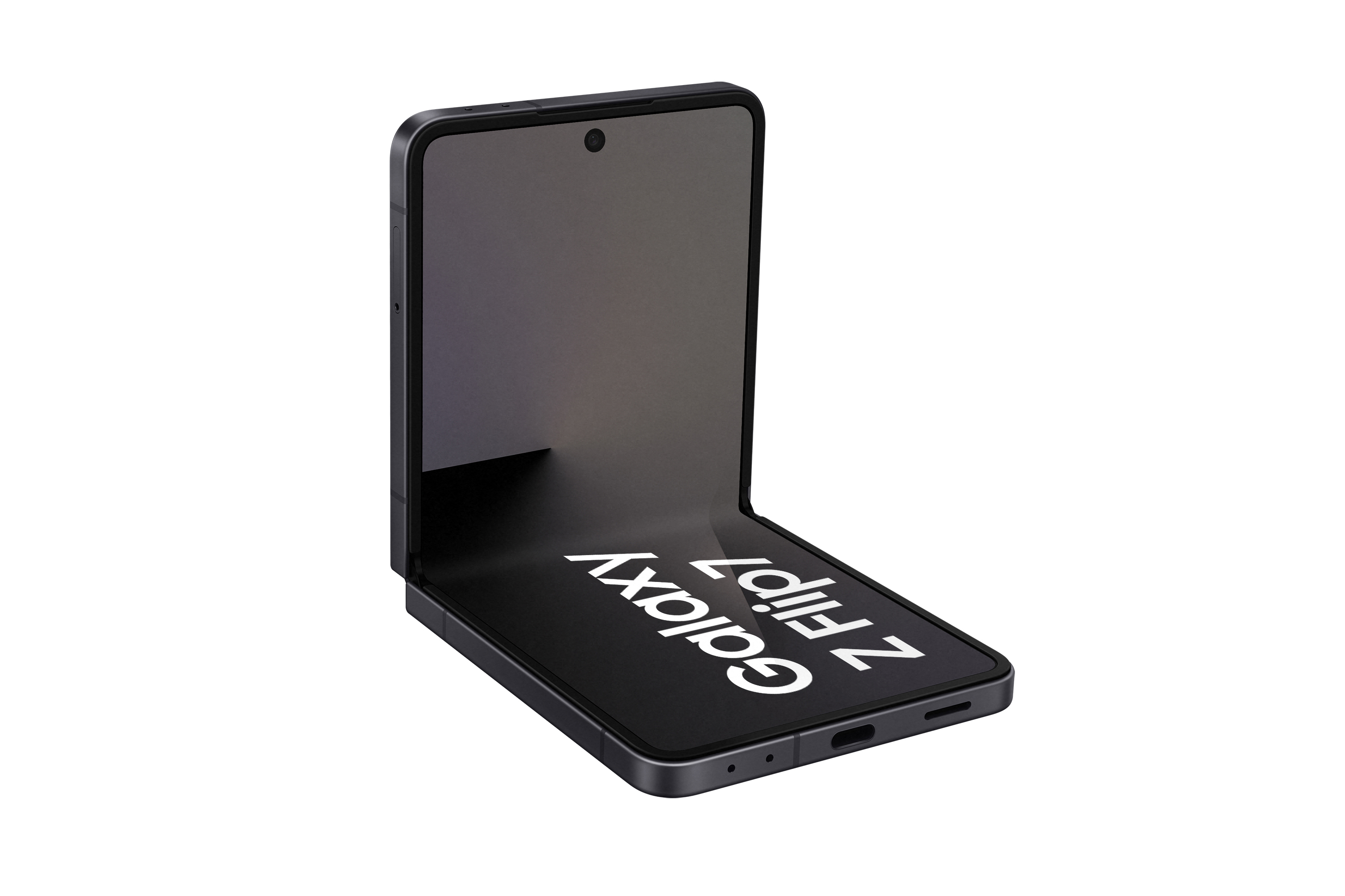 Schwarzes faltbares Smartphone, teilweise geöffnet. Zeigt Bildschirm mit Logo 'Galaxy Z Flip7'. Weißer Hintergrund.