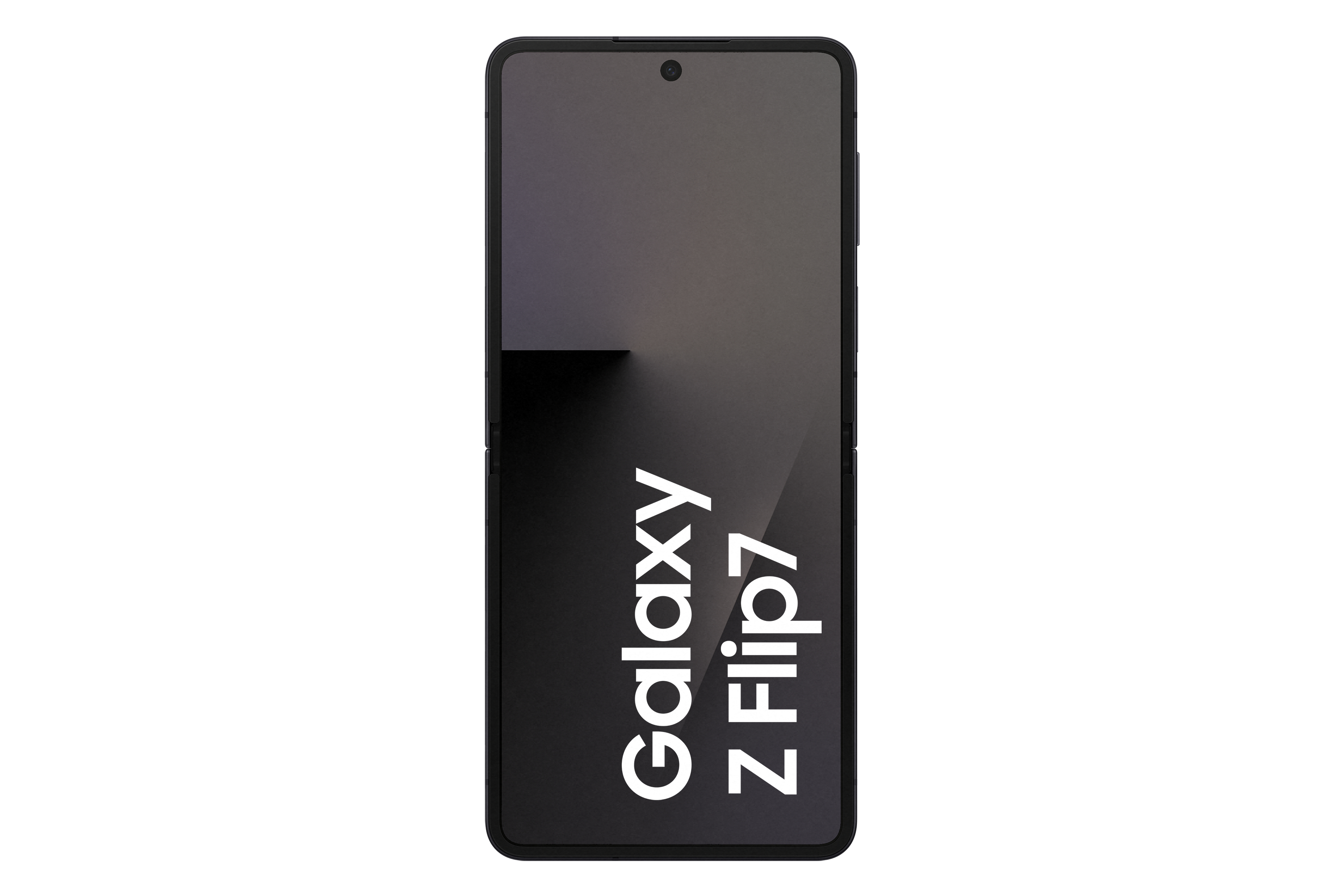 Ein schwarzes Samsung Galaxy Z Flip7-Handy wird vor weißem Hintergrund angezeigt. Der Bildschirm des Telefons ist schwarz mit weißem Text.